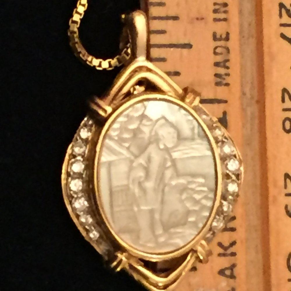 14k Diamond Mother of Pearl Pendant Necklace Enhancer Portrait Landscape MOP Vtg - Picture 7 of 14